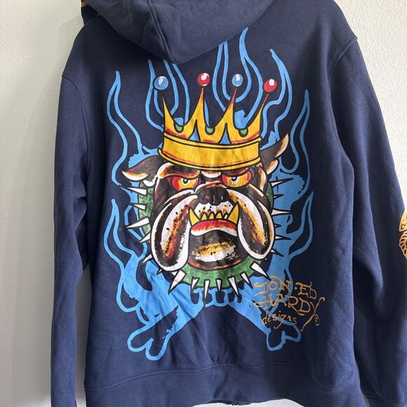 Ed Hardy Full Zip Panther / Bulldog King Graphic Print Hoodie Men's Large Y2K - Picture 1 of 7